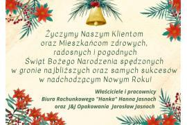 <b>ŻYCZENIA ŚWIĄTECZNE<br>od Biura Rachunkowego `Hanka` oraz `J&J Opakowania`</b>