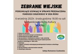 <b> GM. CZERSK. Zapraszamy na zebranie wiejskie w sprawie przeznaczenia funduszu sołeckiego Sołectwa Rytel w 2024 roku </b>