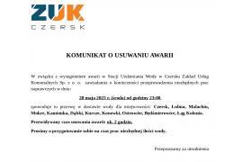 <b>GM. CZERSK. USUWANIE AWARII - KOMUNIKAT (28 MAJA - OD GODZ. 23.00). Przerwa w dostawie wody - prośba o przygotowanie jej na czas prowadzenia prac</b>