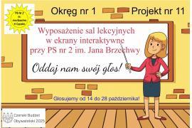 <b>CzBO 2025. `WYPOSAŻENIE SAL LEKCYJNYCH W EKRANY INTERAKTYWNE PRZY PRZEDSZKOLU SAMORZĄDOWYM NR 2 IM. JANA BRZECHWY W CZERSKU`  - OKRĘG NR 1, PROJEKT 11</b>